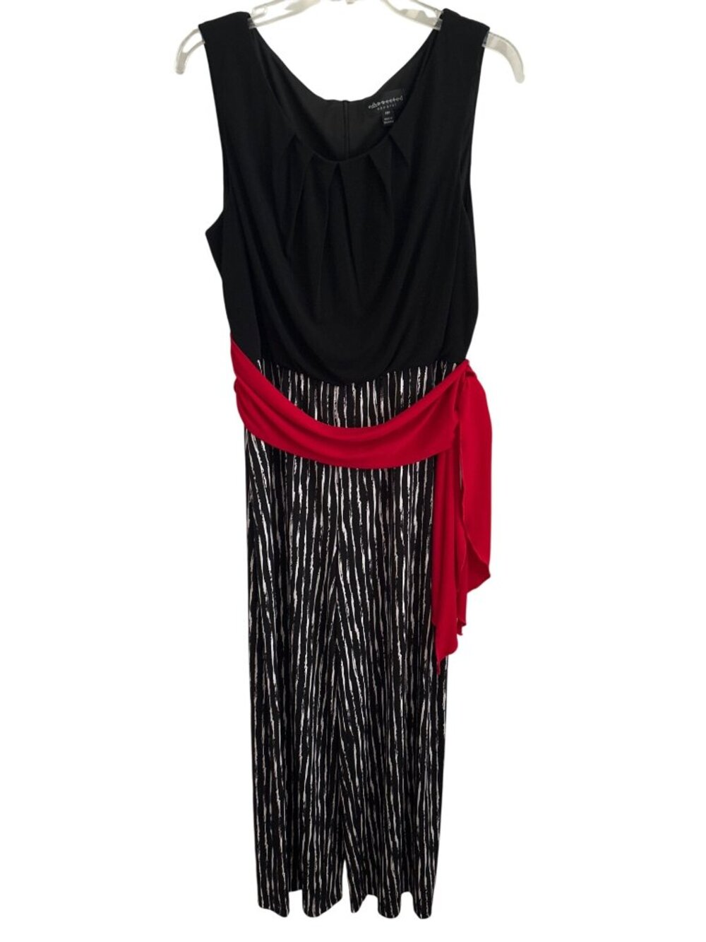 Connected Apparel 14P Black Striped Sleeveless Jumpsuit With Red Waist Tie